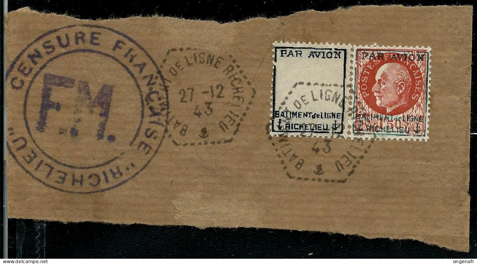 Fragment Obl. Bâtiment De Ligne Richelieu  + Timbre BDF N° 3 - Posta Aerea Militare