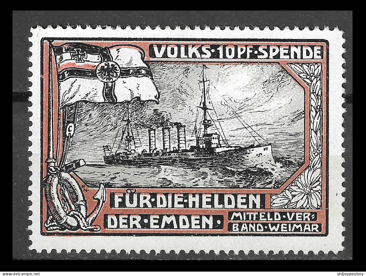 1914-1916 WW1 GERMANY Reklamemarke VIGNETTE Für Die Helden Der Emden (Kreuzer), Mitteldeutscher Verband Weimar RARE - Militaria
