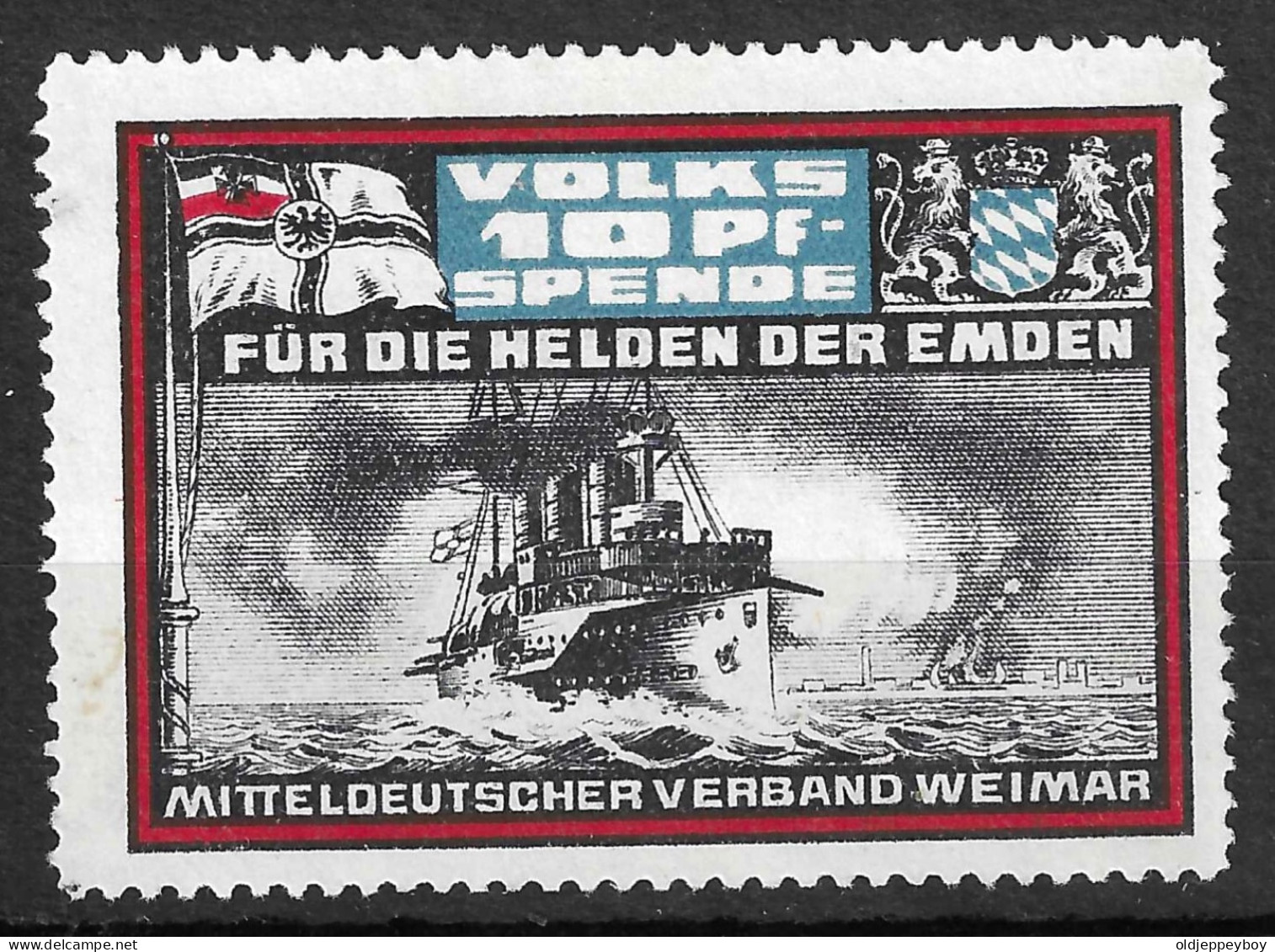 1914-1916 WW1 GERMANY Reklamemarke VIGNETTE Für Die Helden Der Emden (Kreuzer), Mitteldeutscher Verband Weimar   - Militaria