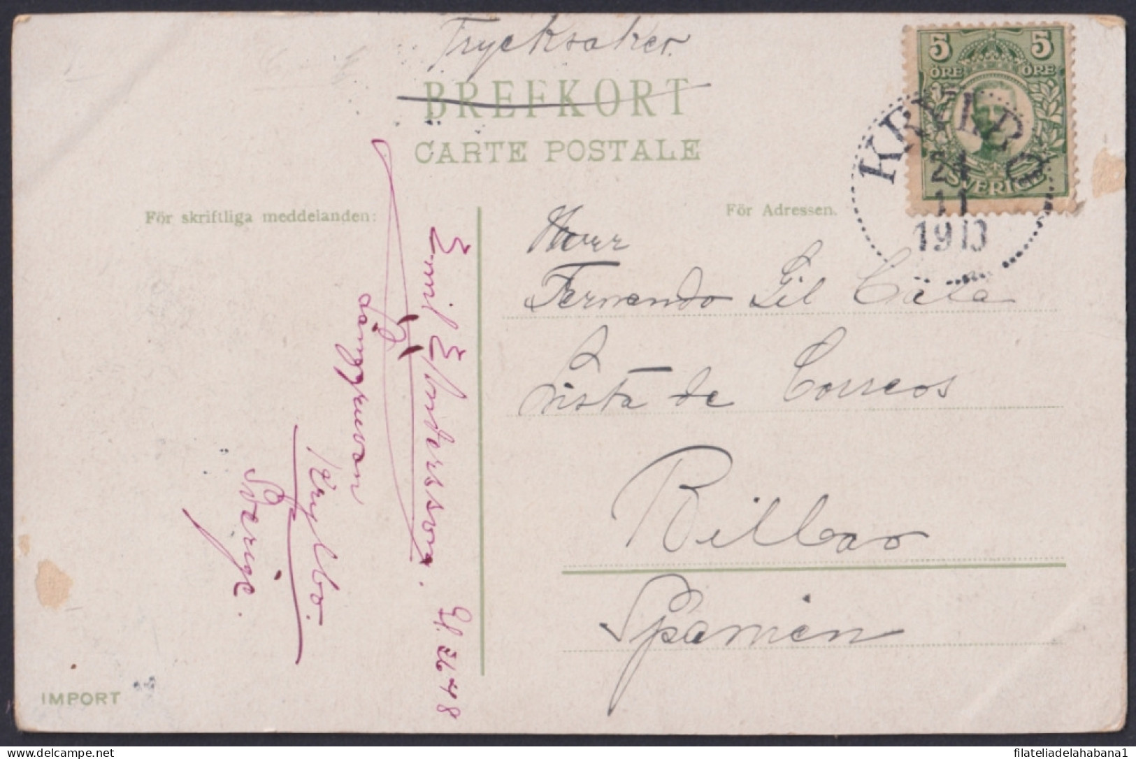 F-EX45875 SWEDEN SUEDE SVERIGE 1913 POSTCARD STOCKHOLM TO BILBAO SPAIN.  - Altri & Non Classificati