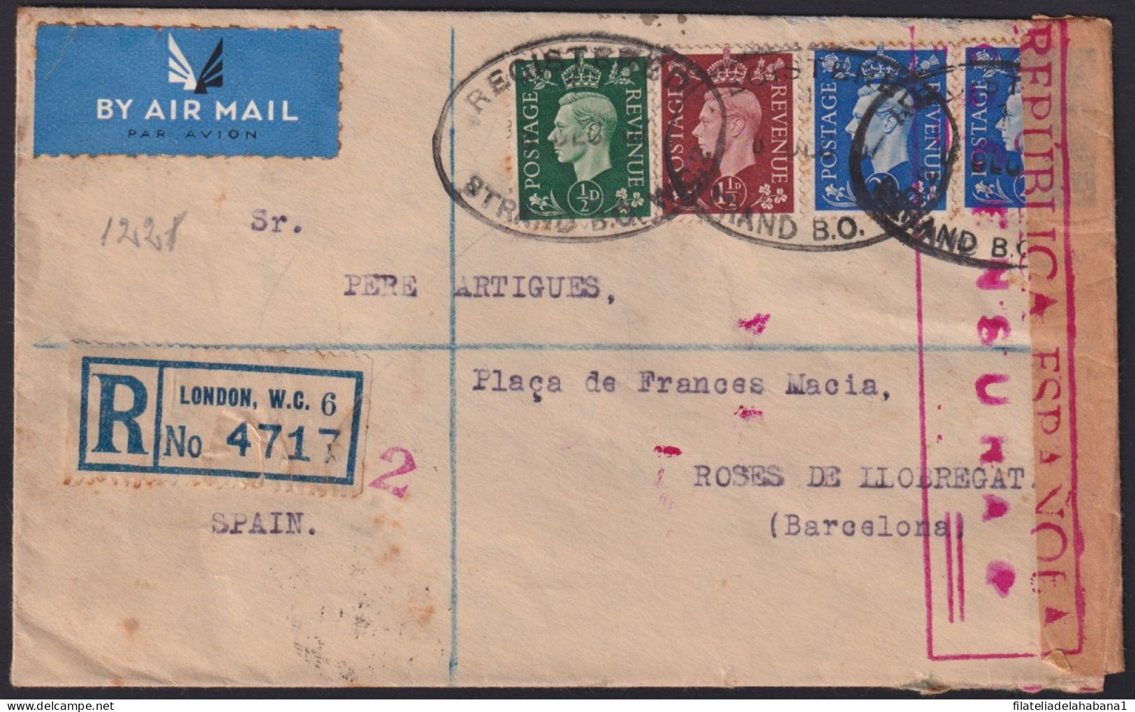 F-EX40233 ENGLAND UK GREAT BRITAIN 1937 REGISTERED COVER CENSORSHIP TO SPAIN.  - Cartas & Documentos