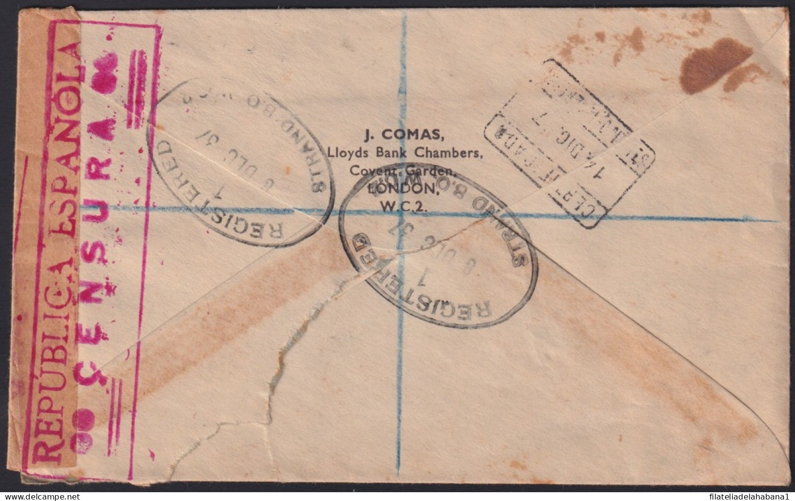 F-EX40233 ENGLAND UK GREAT BRITAIN 1937 REGISTERED COVER CENSORSHIP TO SPAIN.  - Briefe U. Dokumente