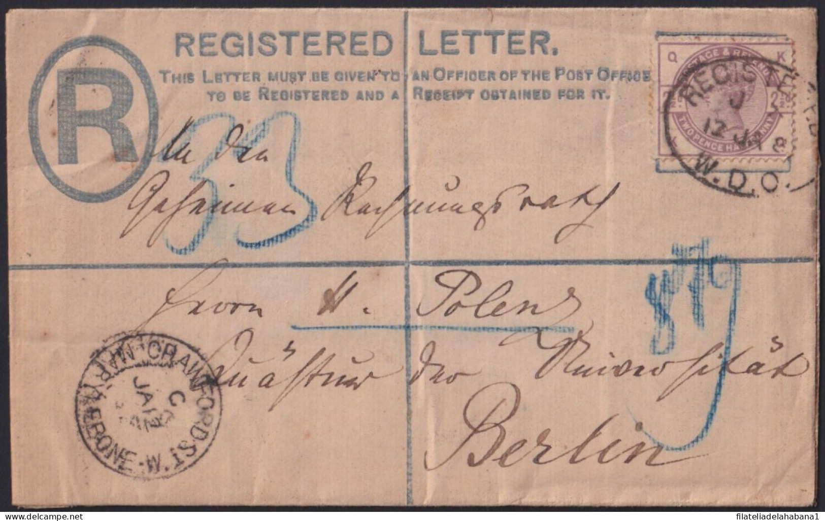 F-EX40235 ENGLAND UK GREAT BRITAIN 188? STATIONERY REGISTERED TO GERMANY.  - Covers & Documents