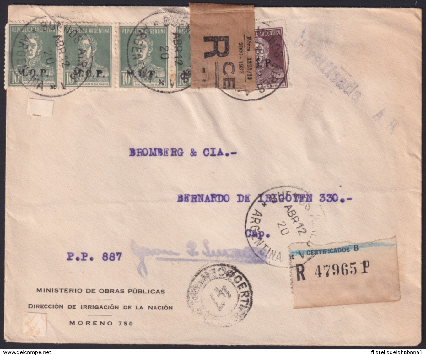 F-EX40257 ARGENTINA 1933 REGISTERED COVER “AR” MINISTERIO OBRAS PUBLICAS MOP.  - Lettres & Documents