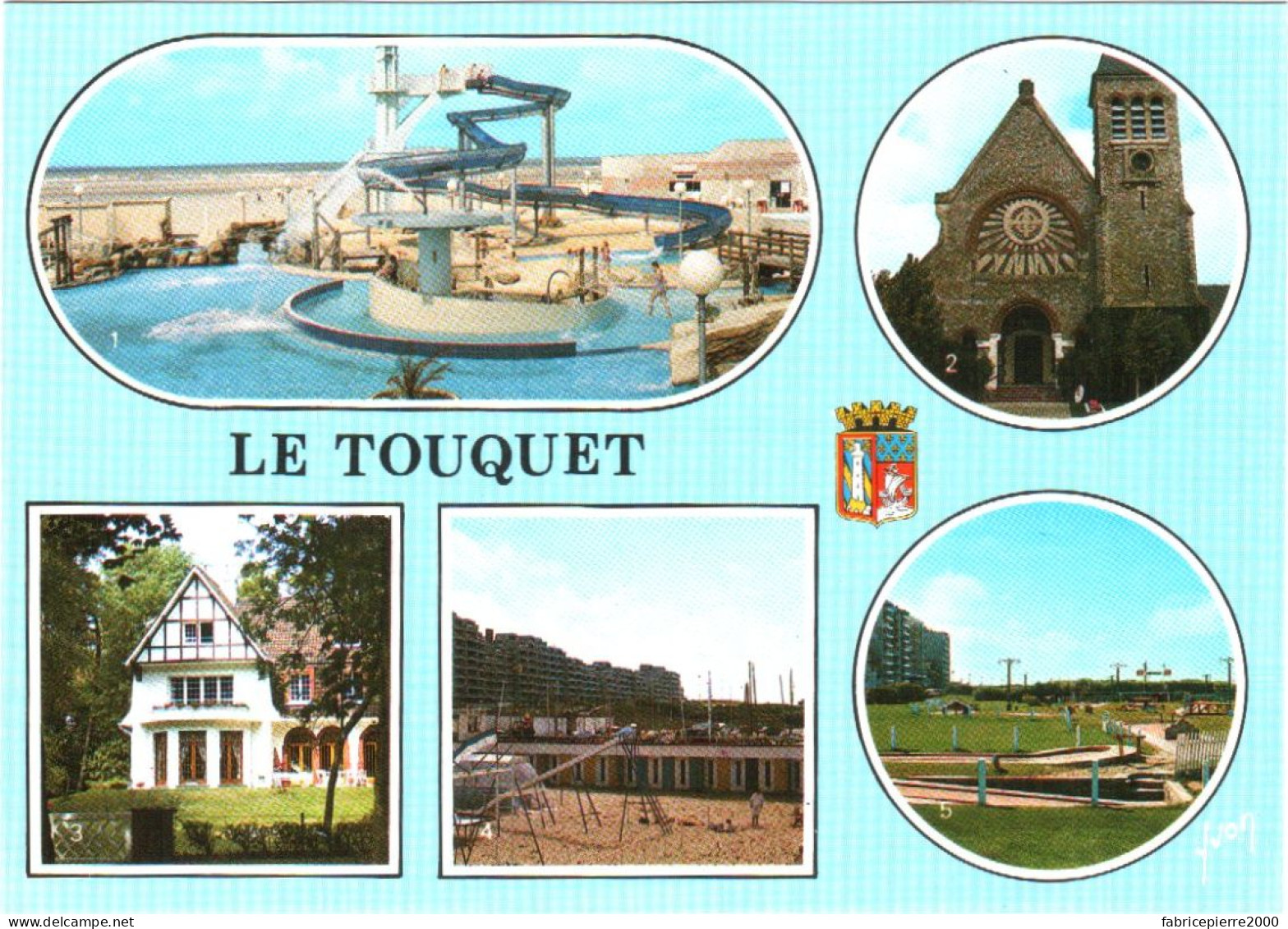 CPM 62 (Pas-de-Calais) Le Touquet-Paris-Plage - L'Aqualud, L'Eglise, Villa Dans La Forêt, La Plage Et Le Minigolf TBE - Schwimmen