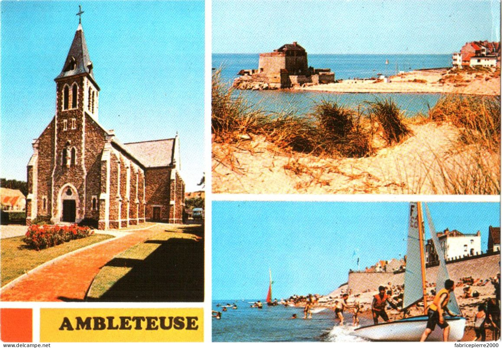 CPM 62 (Pas-de-Calais) Ambleteuse - L'église, Le Fort Et La Baie De La Slack, La Plage TBE - Kirchen U. Kathedralen