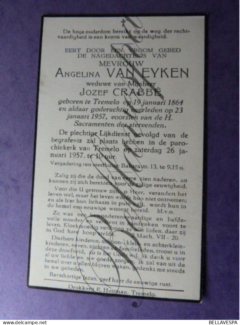 Angelica VAN EYKEN Echt J.CRABBE Tremelo 1864 -1957 - Décès