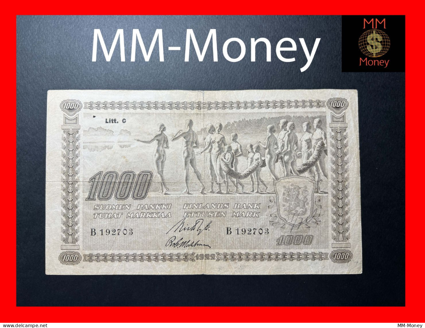 Finland  1.000  1000 Markkaa 1922  P. 67  *very Scarce*  *Litt. C*   "sig. Ryti - Wahlman"    VF   [MM-Money] - Finland