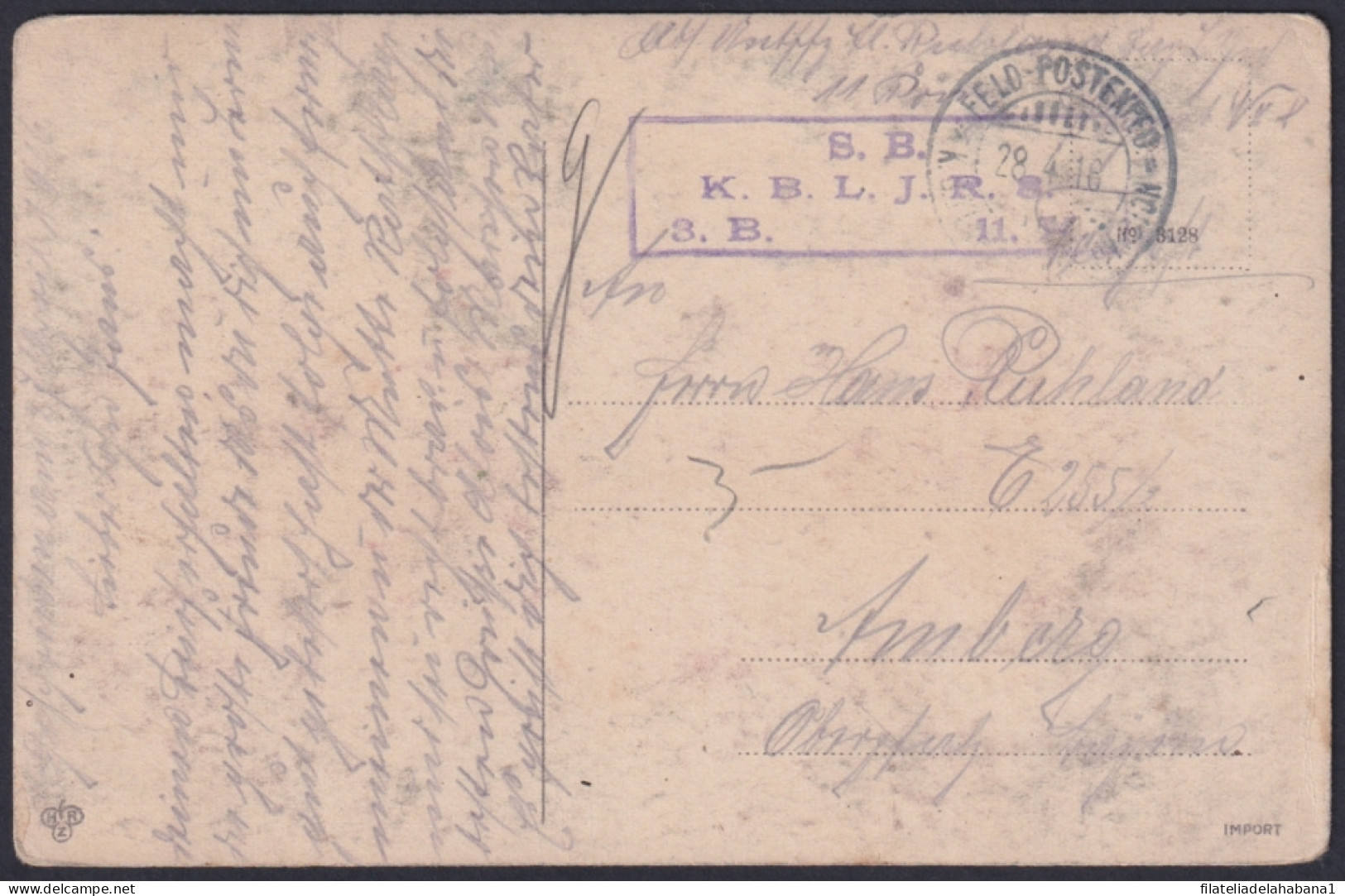 F-EX45896 GERMANY WWI FELDPOST 1916 POSTCARD S.B. K.B.L.J.R.8.  - Other & Unclassified