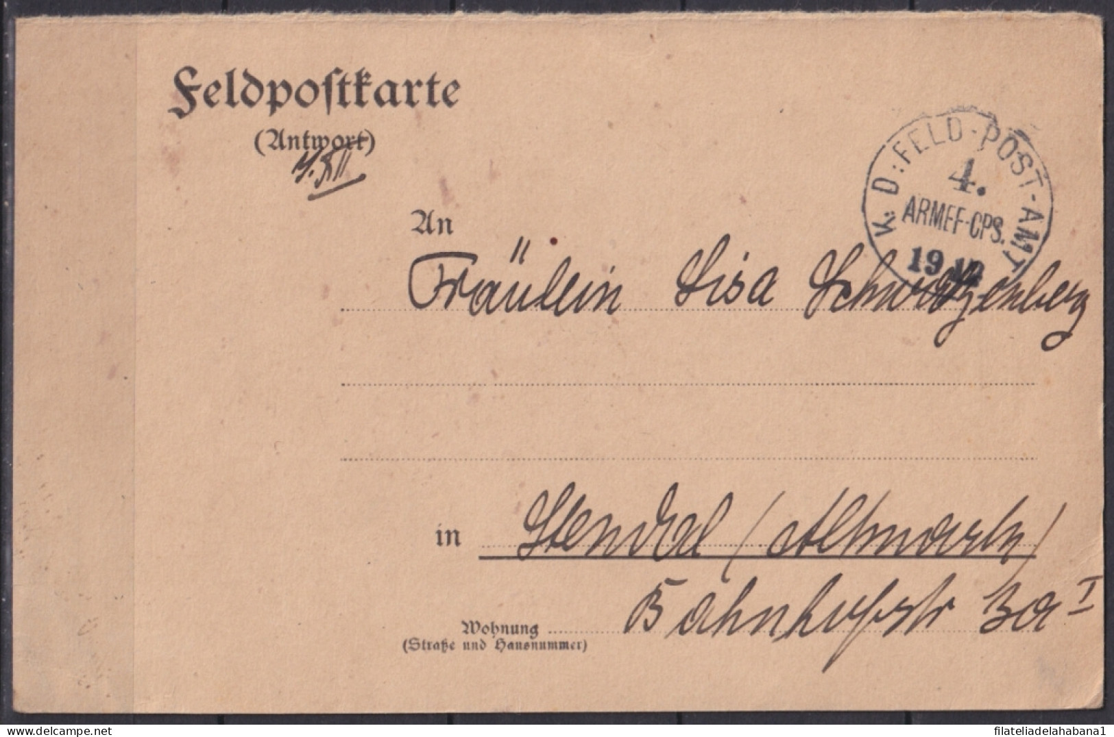 F-EX45908 GERMANY WWI FELDPOST 1914 4ª ARMY CORP CARD - Sonstige & Ohne Zuordnung