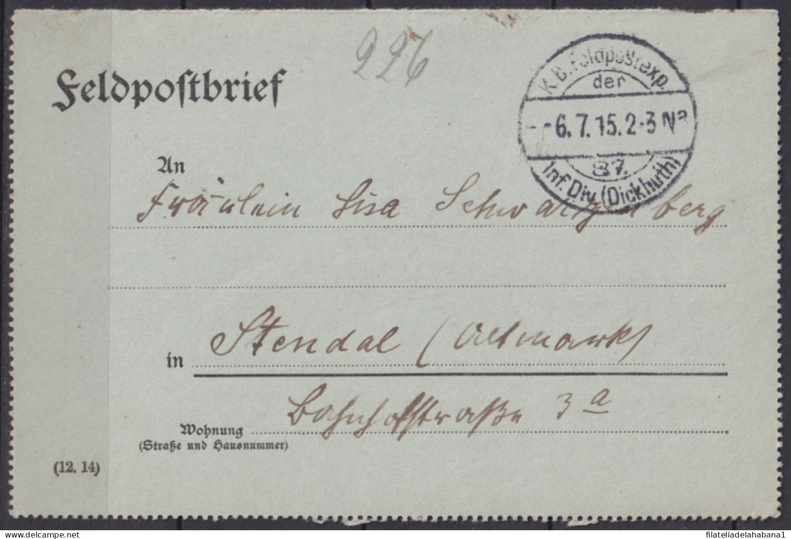 F-EX45909 GERMANY WWI FELDPOST 1915 87ª INF DIVITION CARD.  - Autres & Non Classés