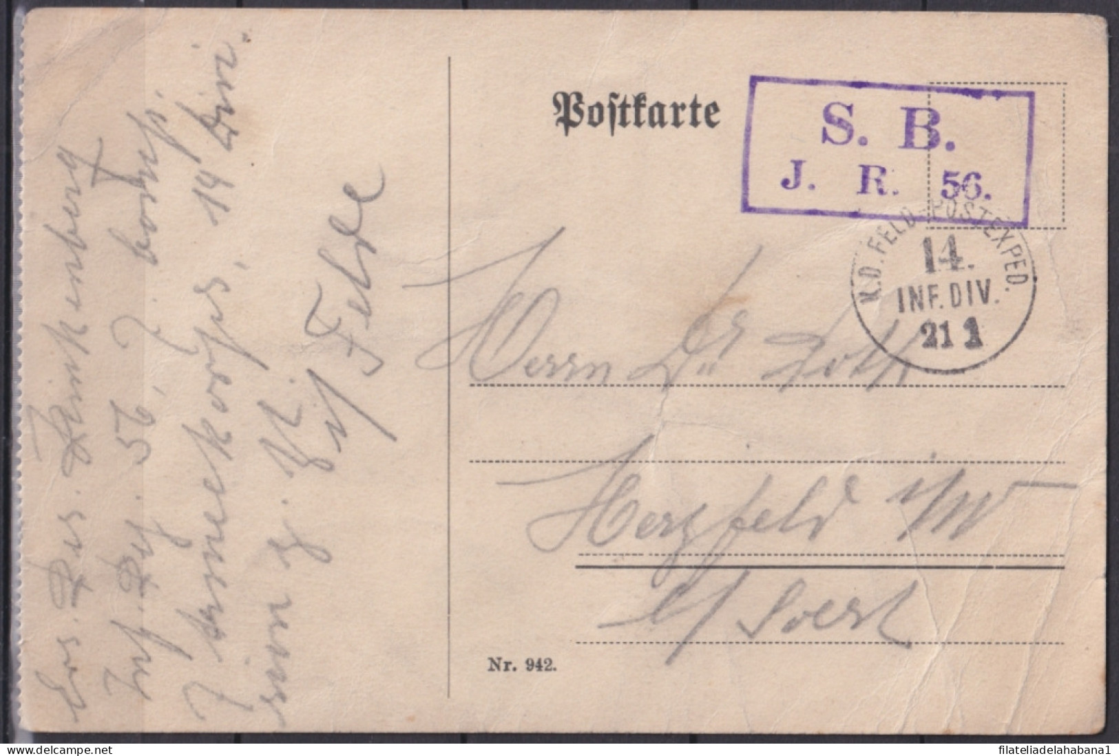 F-EX45912 GERMANY WWI FELDPOST 1916 POSTCARD S.B. J.R.56 14 INFANTERIE DIVITION.  - Autres & Non Classés