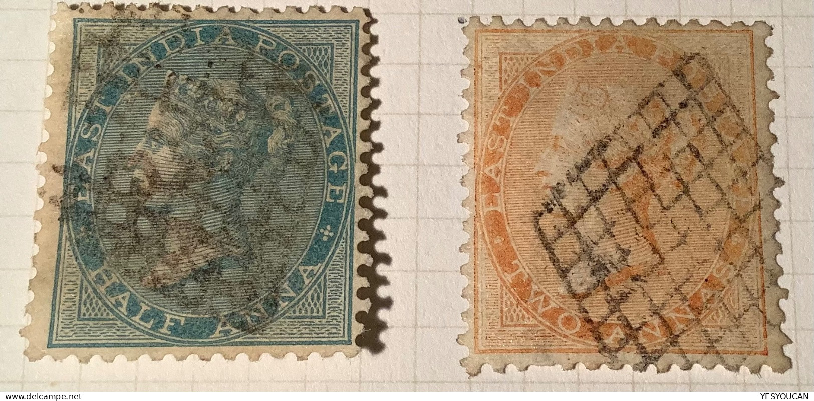 India 1865 1/2a + 2a RARE GRILL POSTMARK OF MAHE, FRENCH SETTLEMENT  (Inde Française Queen Victoria - 1858-79 Kronenkolonie