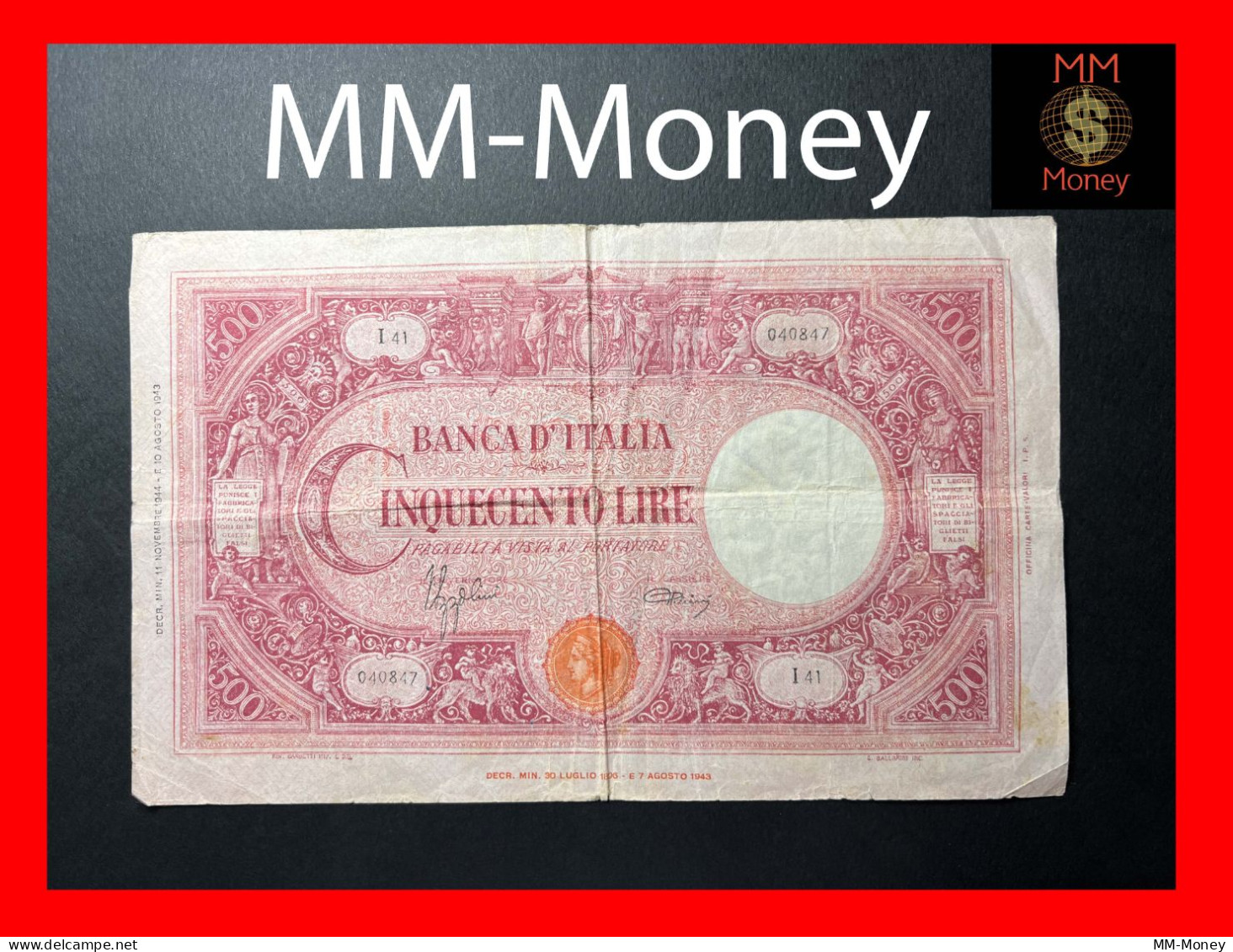 ITALY 500 Lire  11.11.1944   P.  70  VF  *scarce*      [MM-Money] - 500 Liras