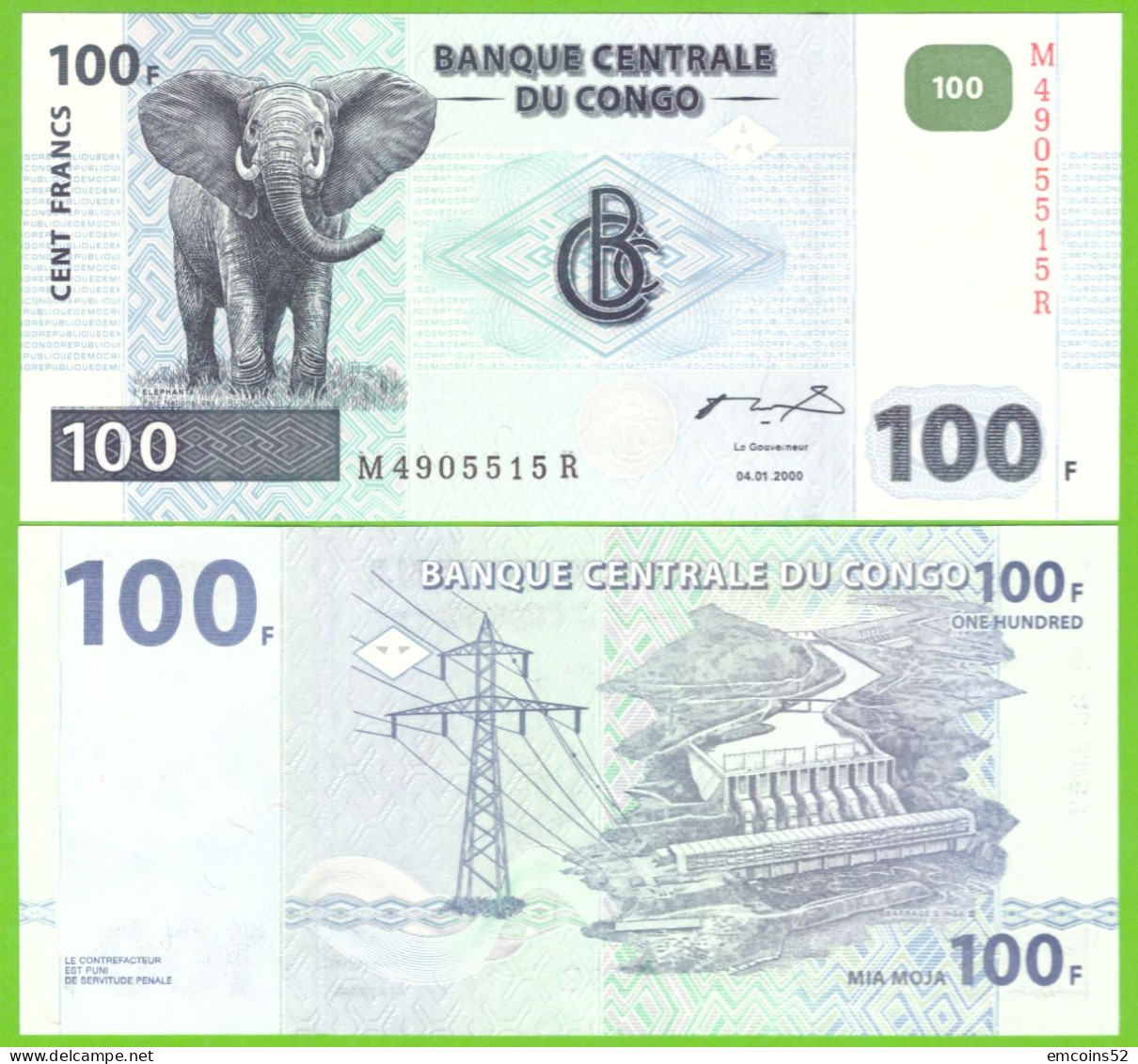 CONGO D.R. 100 FRANCS 2000 HdM  P-92A UNC - République Démocratique Du Congo & Zaïre