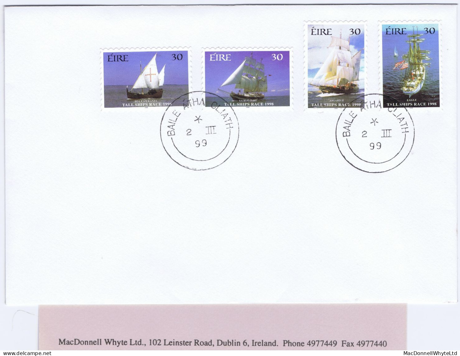 Ireland Ships 1998 Tall Ships Self-adhesive Set Of Four Used On Neat Cover Dublin Cds 2 III 99 - Covers & Documents