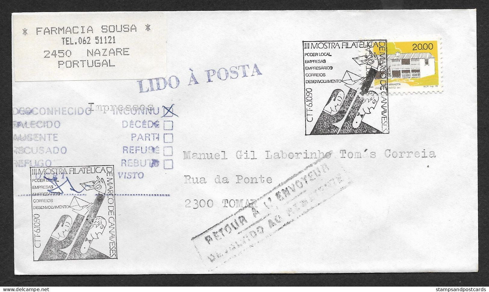 Portugal Cachet Commémoratif Marco De Canavases 1990 Lettre A Tomar " Lido à Posta " Retourné Event Pmk Returned Cover - Annullamenti Meccanici (pubblicitari)