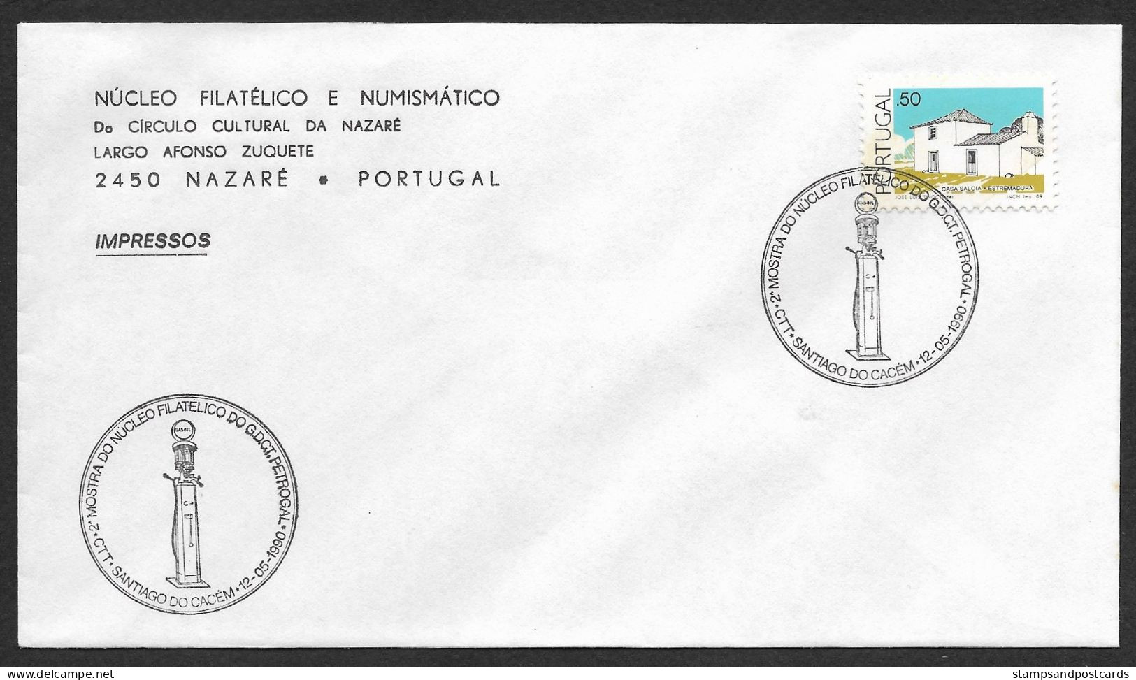 Portugal Cachet Commémoratif 1990 Pompe à Essence Petrogal Pétrol Santiago Do Cacém Fuel Pump Petroleum Event Pmk - Aardolie