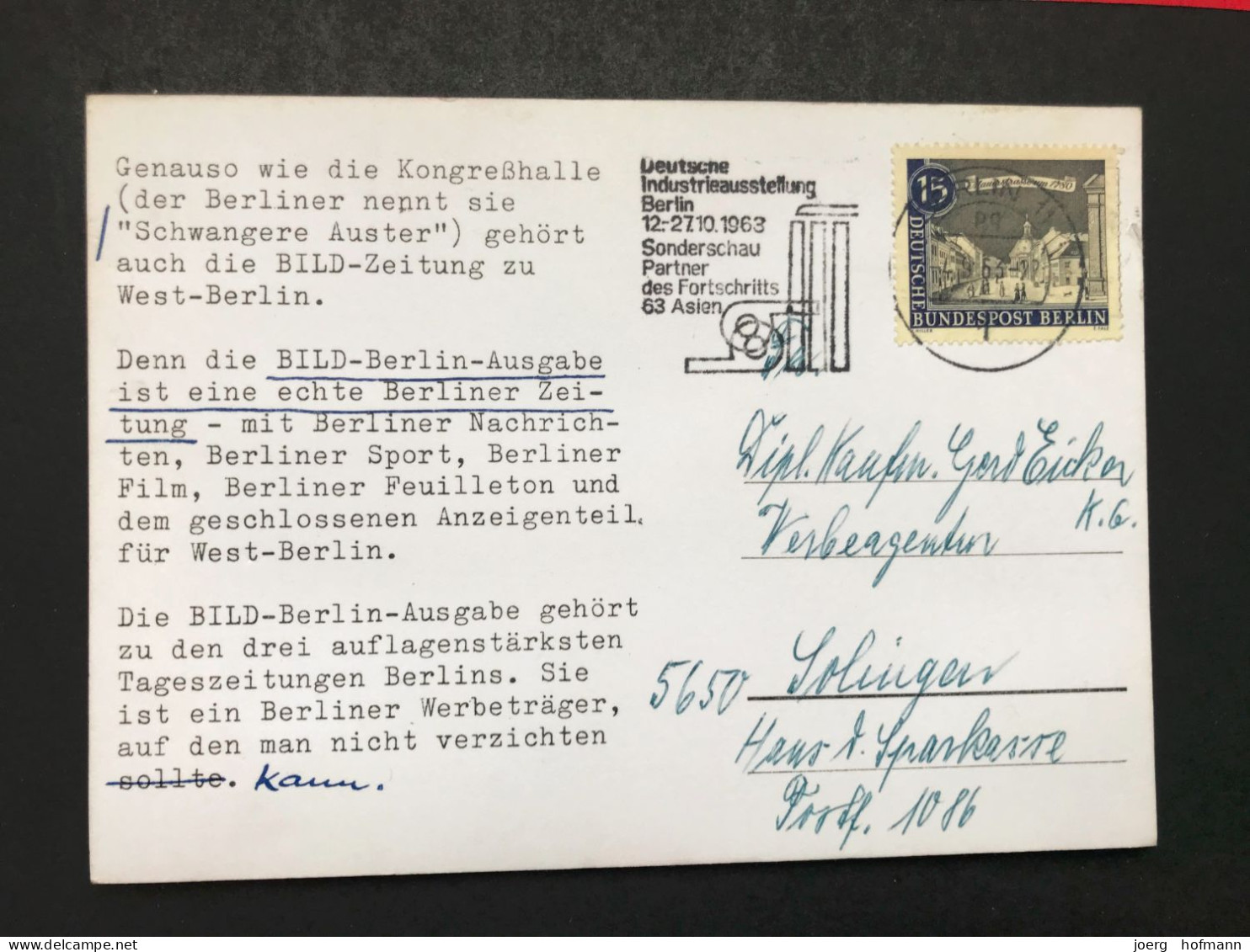 1963 Berlin Deutsche Industrieausszellung Partner 1963 Asien Maschinenstempel Werbestempel Postkarte Schwangere Auster - Machines à Affranchir (EMA)