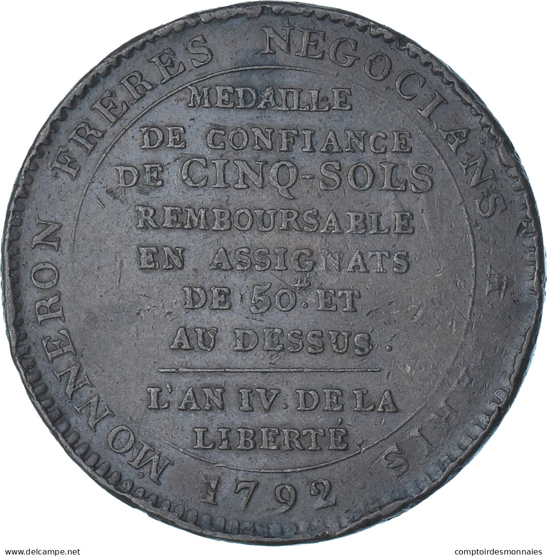 France, Monneron De 5 Sols, 1792 / AN 4, Birmingham, TTB+, Cuivre - Andere & Zonder Classificatie