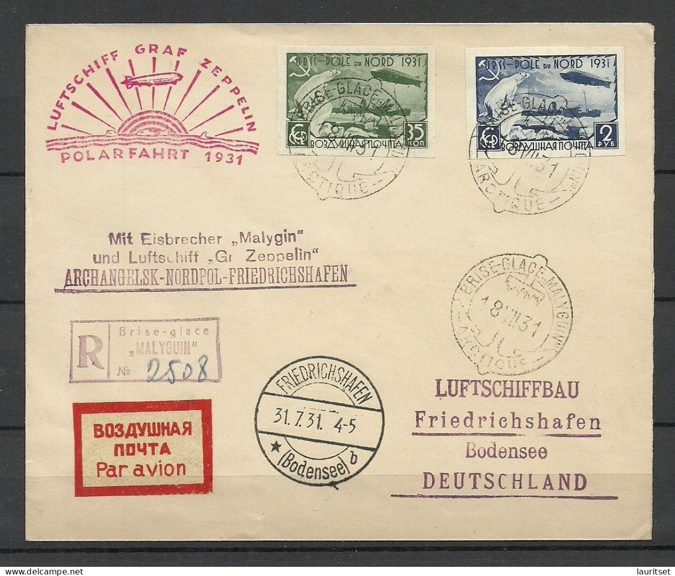 RUSSLAND RUSSIA 1931 Polarfahrt Luftschiff Graf Zeppelin Leningrad - Friedrichshafen Registered Letter Zeppeline - Covers & Documents