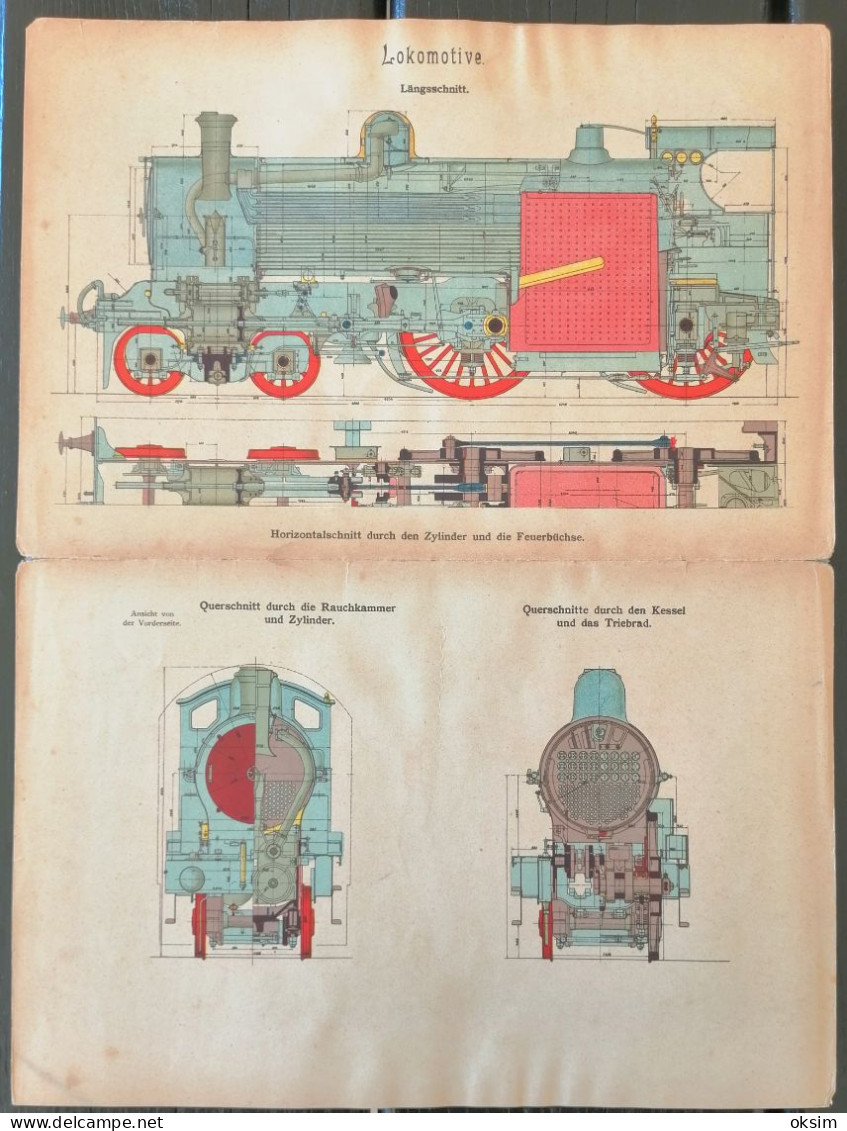 Drawings of machinery in colour, consisting of several layers that can be unfolded to show the interior of the machines