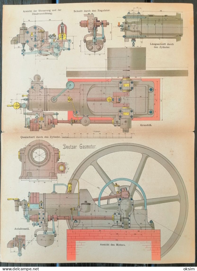 Drawings of machinery in colour, consisting of several layers that can be unfolded to show the interior of the machines