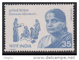 India MNH 1982, Durgabai Deshmukh, Social Reformer, Book, President  Blind Relief Association, Worshop Disabled, Health - Ungebraucht