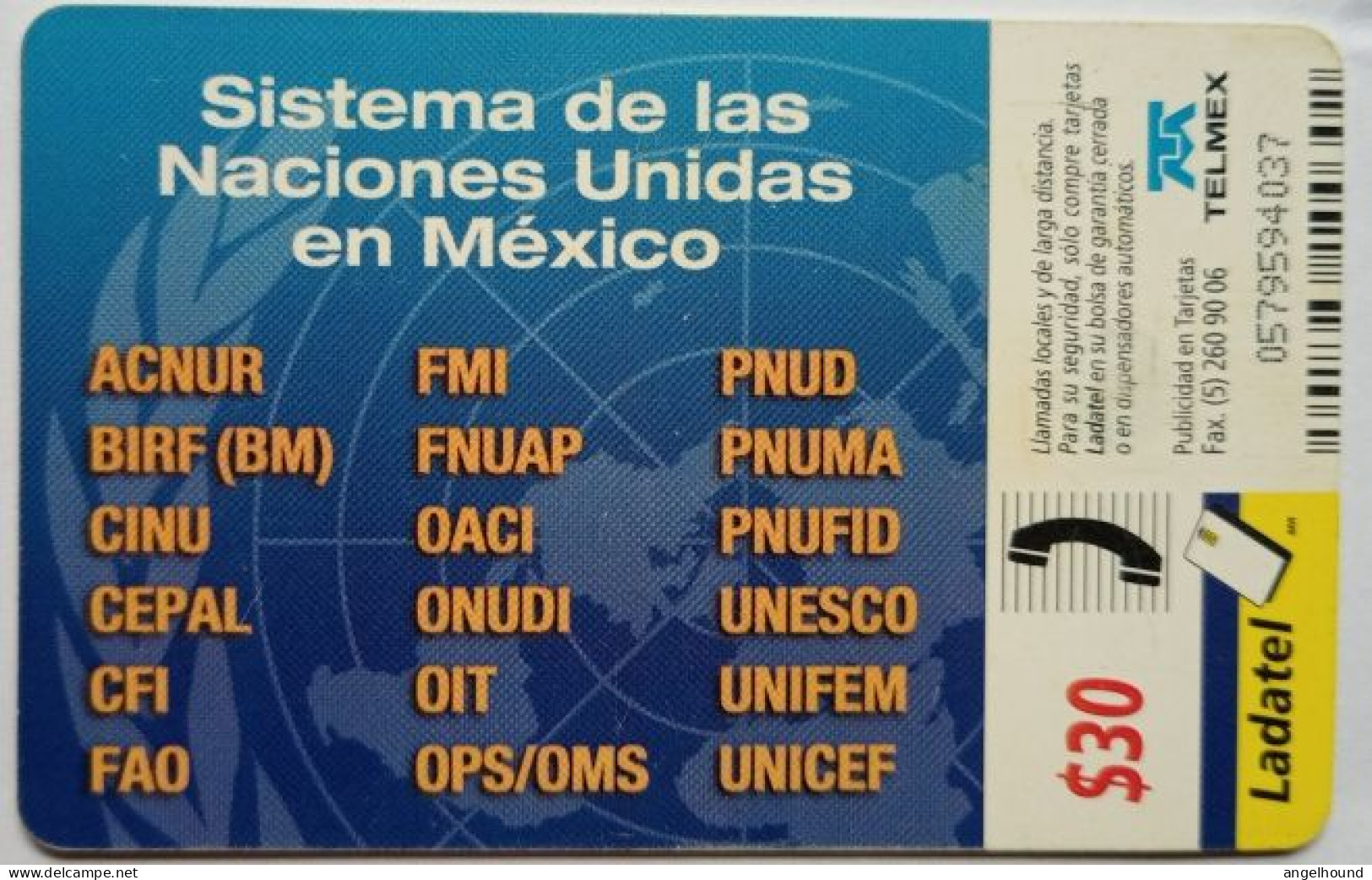 Mexico Ladatel $30 - 24 De Octubre - Dia De Las Naciones Unidas - Mexique