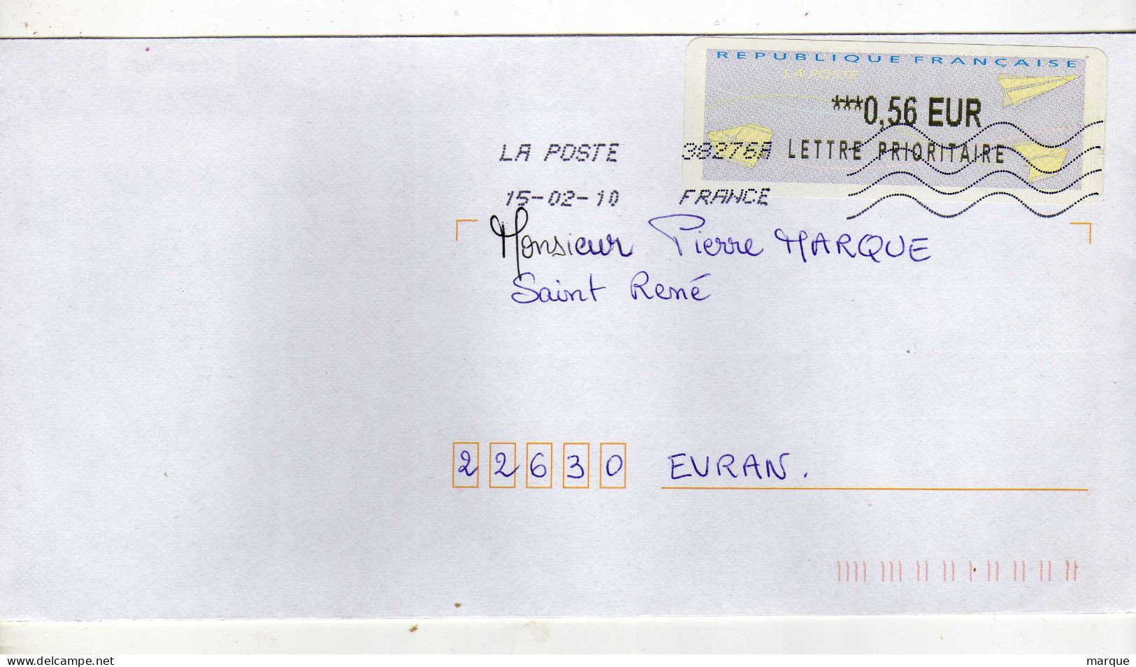 Enveloppe FRANCE Avec Vignette Affranchissement Lettre Prioritaire Oblitération LA POSTE 38276A 15/02/2010 - 2000 « Avions En Papier »