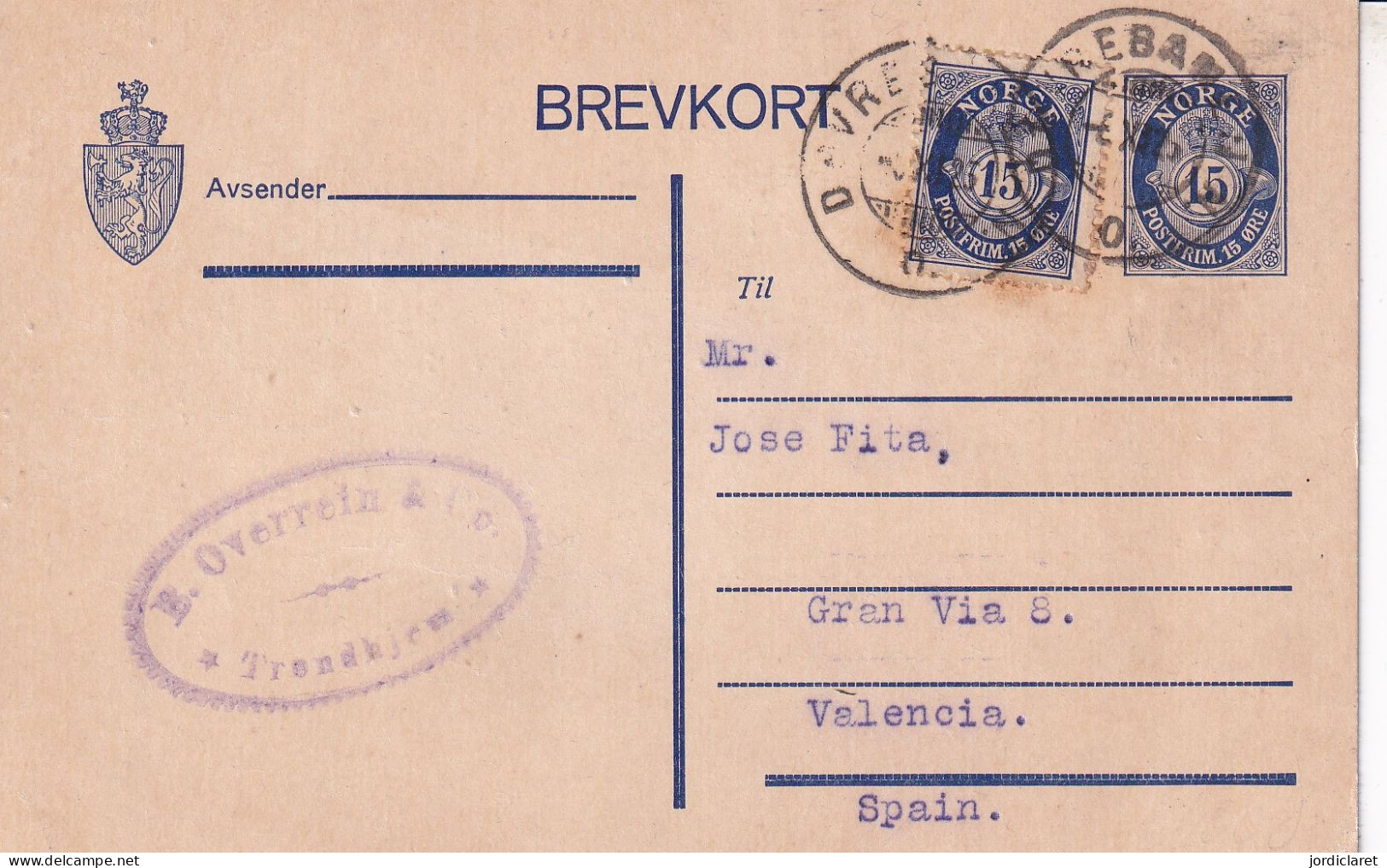 STATIONERY 1925  DOUREBAN  --TRONDHJEM - Postal Stationery
