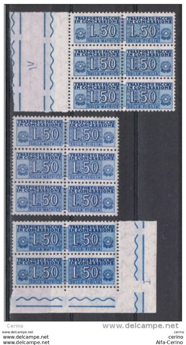 REPUBBLICA:  1955  PACCHI  IN  CONCESSIONE  -  £. 50  AZZURRO  N. -  RIPETUTO  8  VOLTE  -  SASS. 6 - Colis-concession