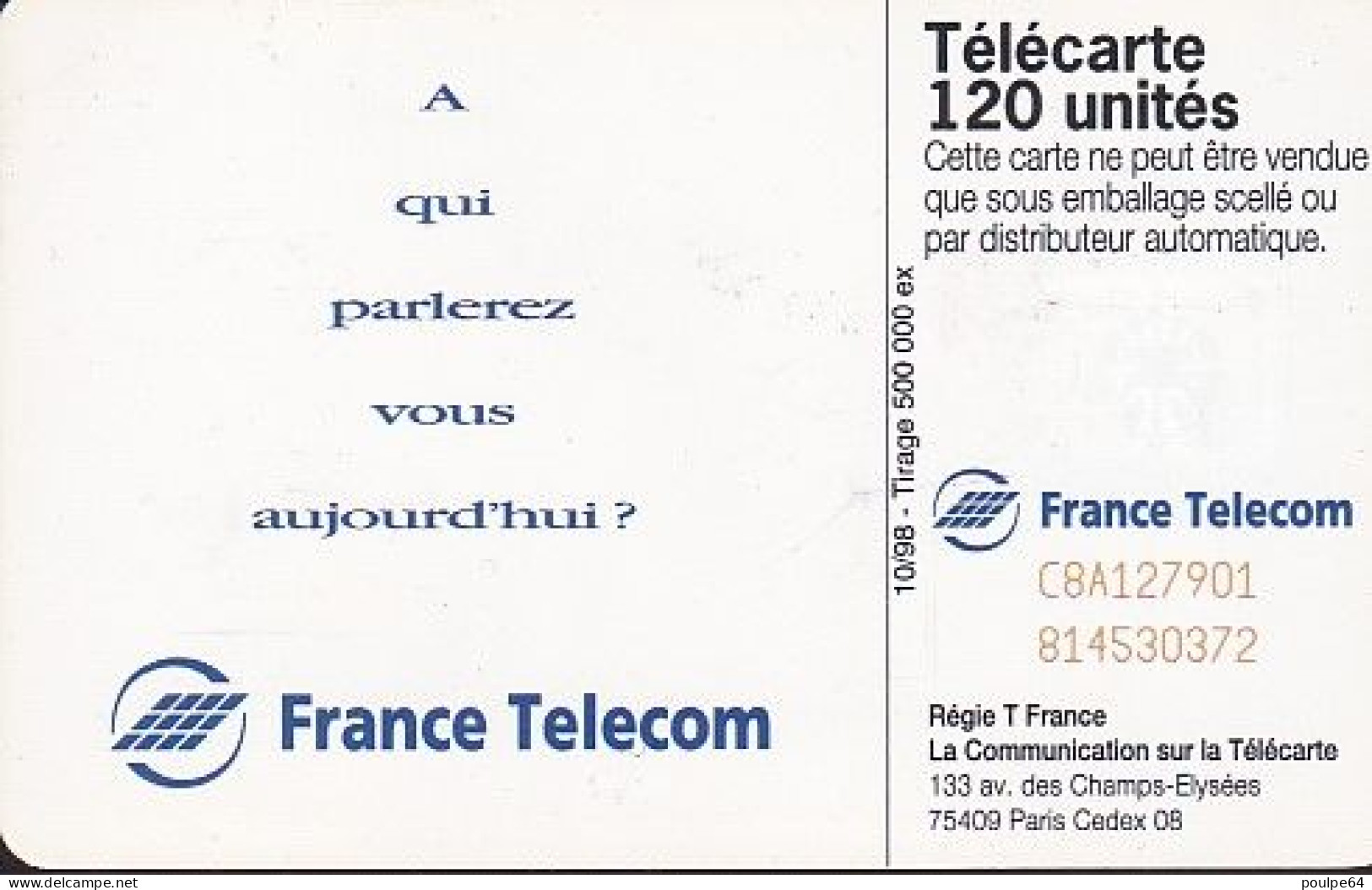 F922A  10/1998 - PUBLI-SUPPORTERS - 120 SC7 - (verso : N° Rouges Deux Lignes Centrées) - 1998