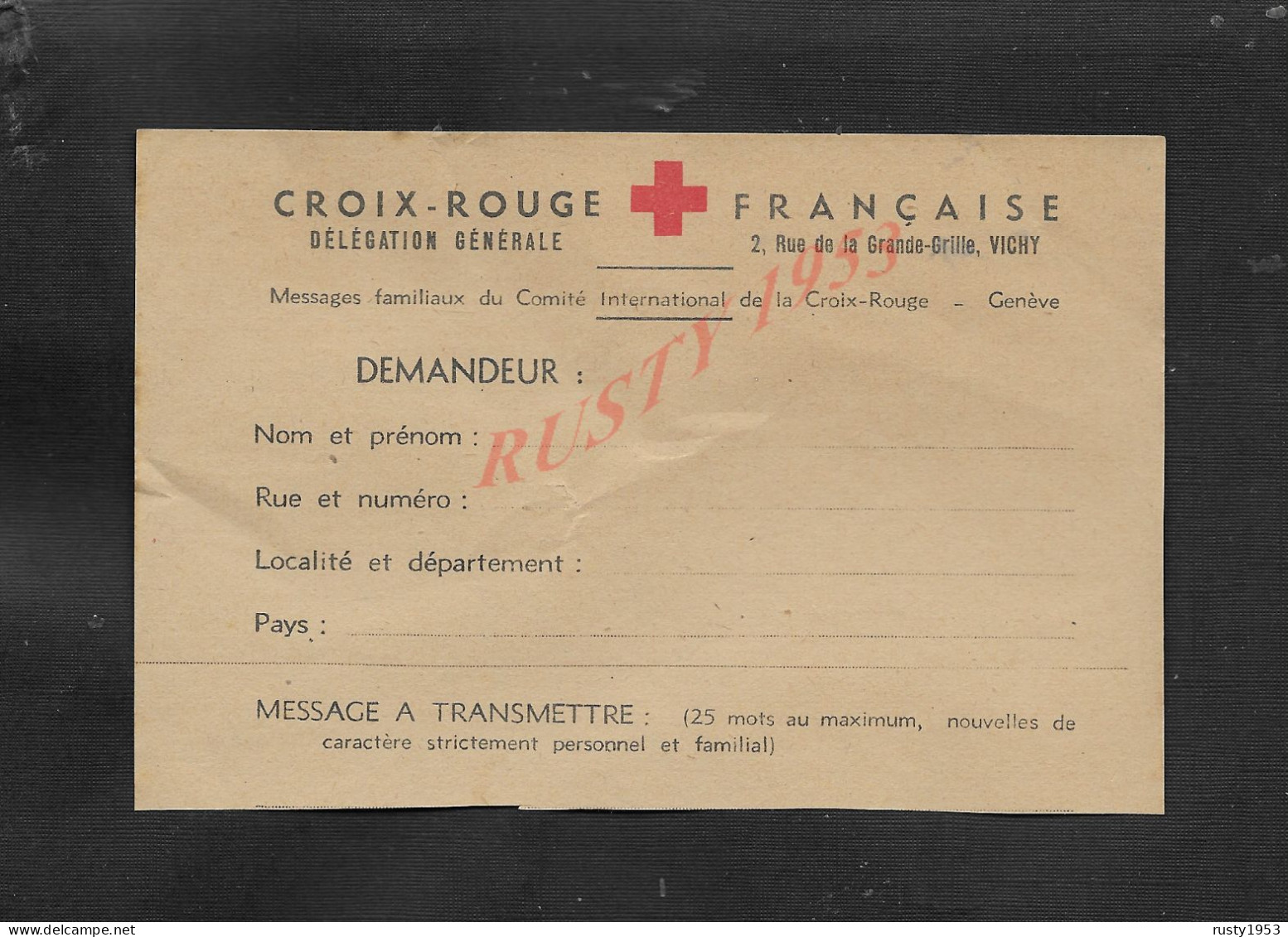 MILITARIA DOCUMENT DE LA CROIX ROUGE FRANÇAISE VIERGE DE VICHY X GENÈVE SUISSE : - Croce Rossa