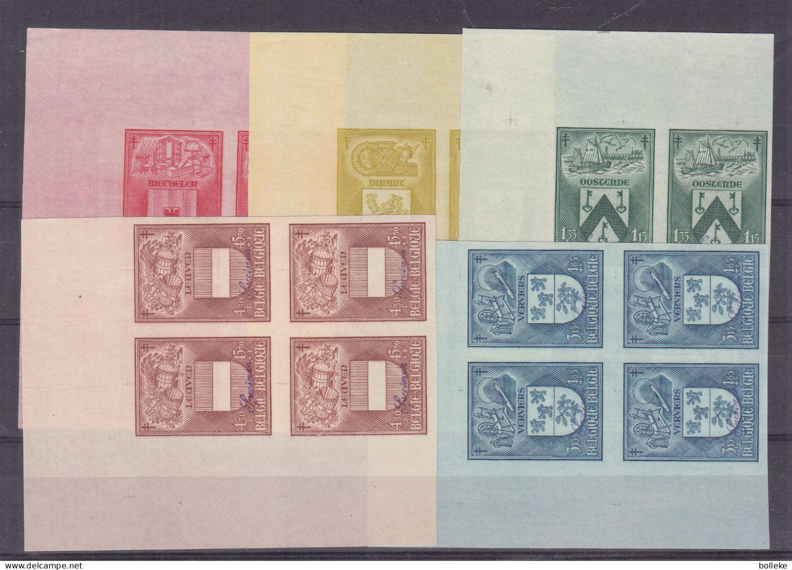 Belgique - COB 743/7 - NON Dentelés X 4 - Coin De Feuille- Tirage Maximum 4 Blocs Coin De Feuille Sup Gauche - Armoiries - 1941-1960