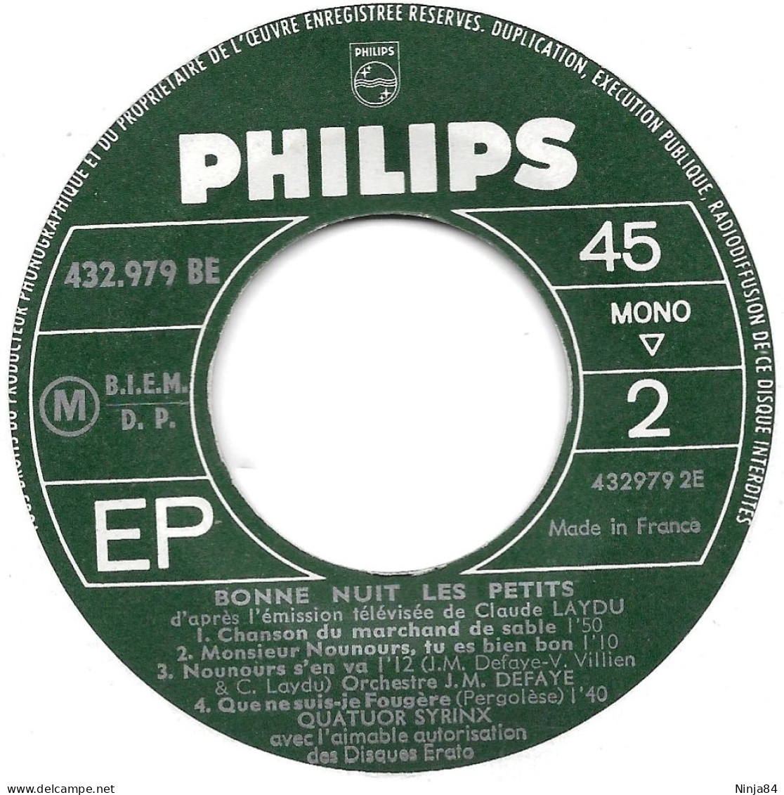 EP 45 RPM (7") B-O-F Artistes Divers  "  Bonne Nuit Les Petits  " - Musica Di Film