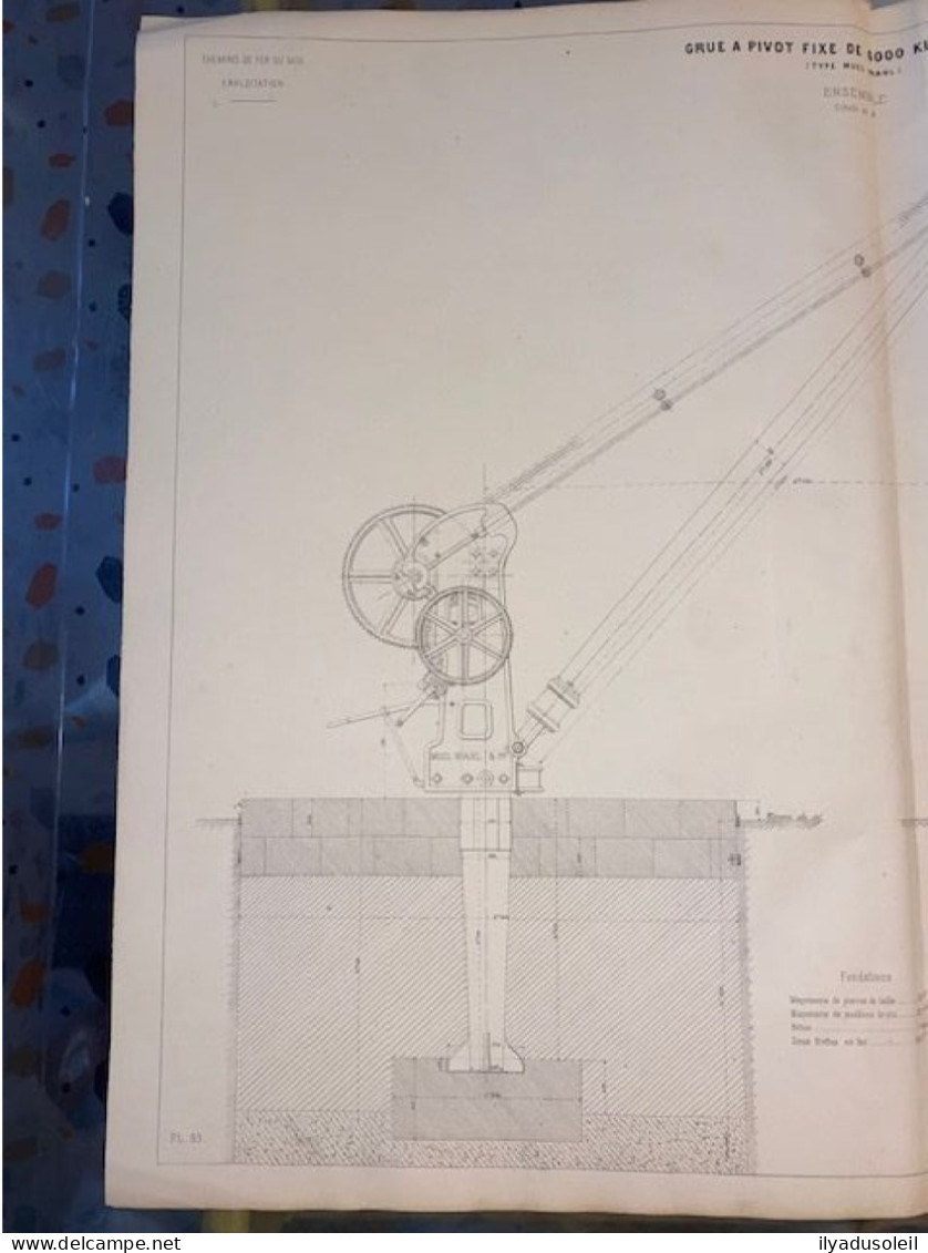 Plan Chemin De Fer Du Midi Grue A Pivot Fixe De 6000 Kilograme Bordeaux Juillet 1866 Format ,64 X 50 Cm - Autres Plans