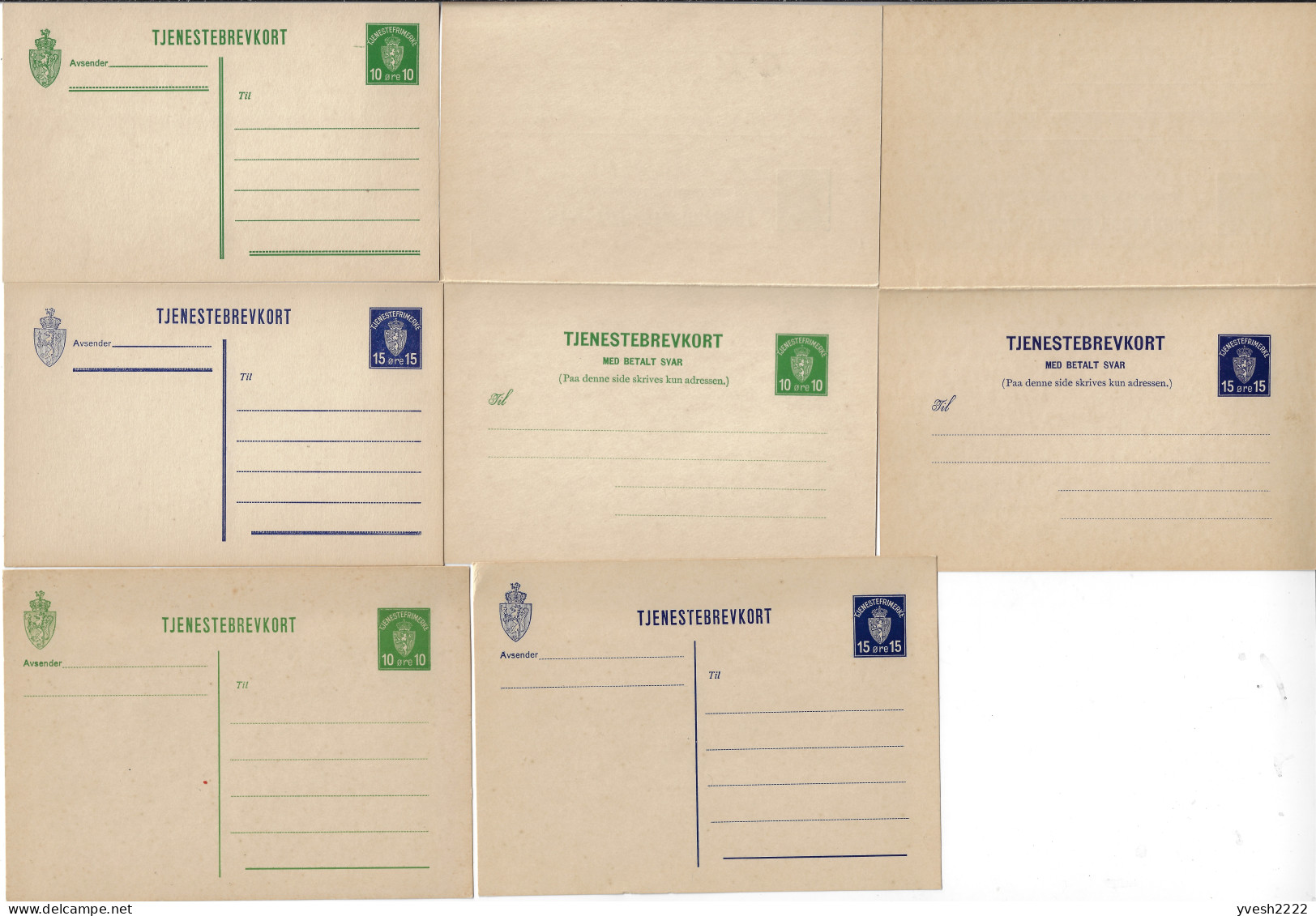 Norvège 1925 à 1934. 11 Entiers Postaux De Service Michel DP1 à DP9, 15 Et 16. Superbe Qualité - Postwaardestukken
