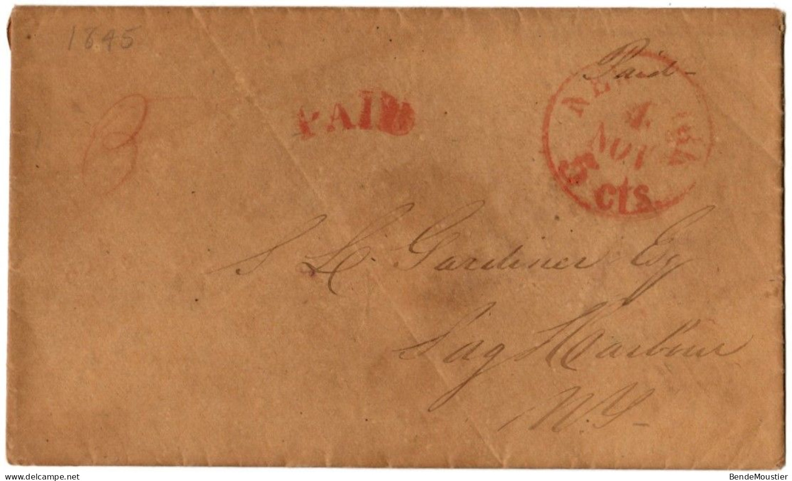 (N90) USA Cover LAC - Red Postmarks  Paid  5 Cts & New York   - Sag Harbor N.Y. - 1845. - …-1845 Préphilatélie