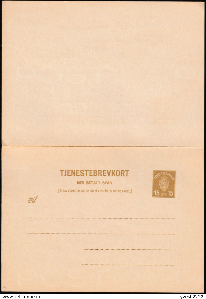 Norvège 1934. Entier Postal De Service Michel DP10Y. Avec Filigrane POST. Superbe Qualité - Postwaardestukken