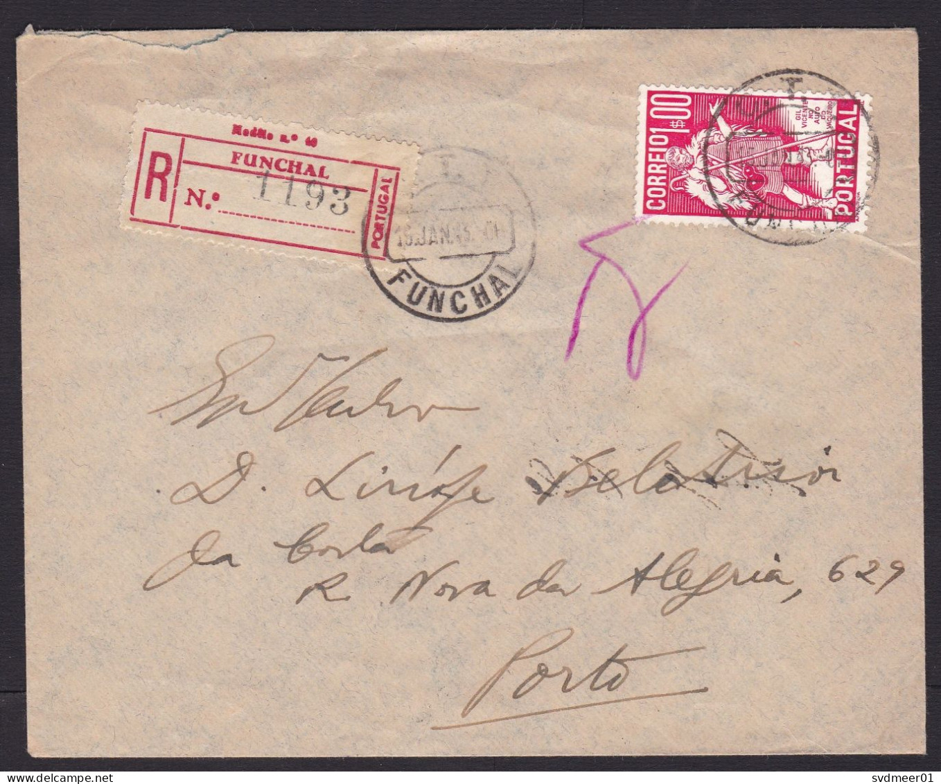 Portugal: Registered Cover, 1943, 1 Stamp, St Vincent, History, Cancel & R-label Funchal, Madeira (damaged, See Scan) - Funchal