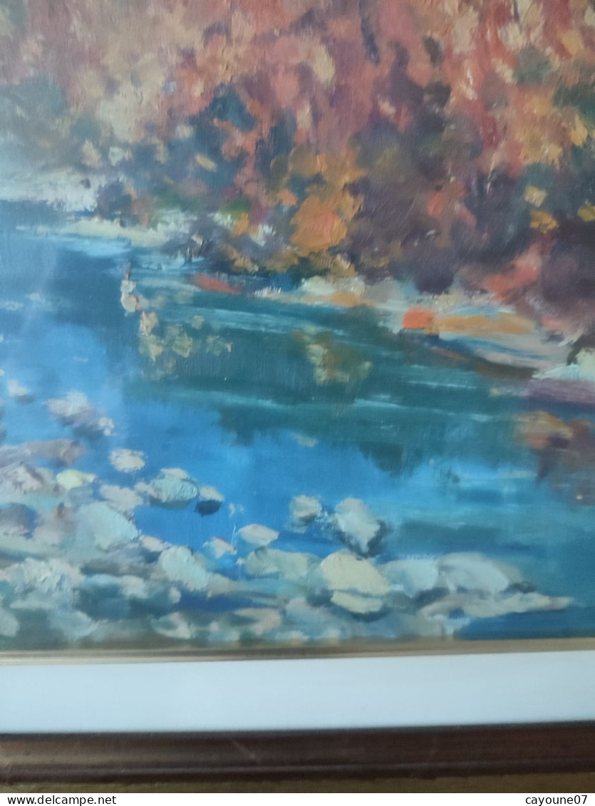 G. TRIBAUDINO (XXème) Huile Sur Papier  "La Rivière " Datée 1972 Sous Verre Cadre Bois Doré - Oleo