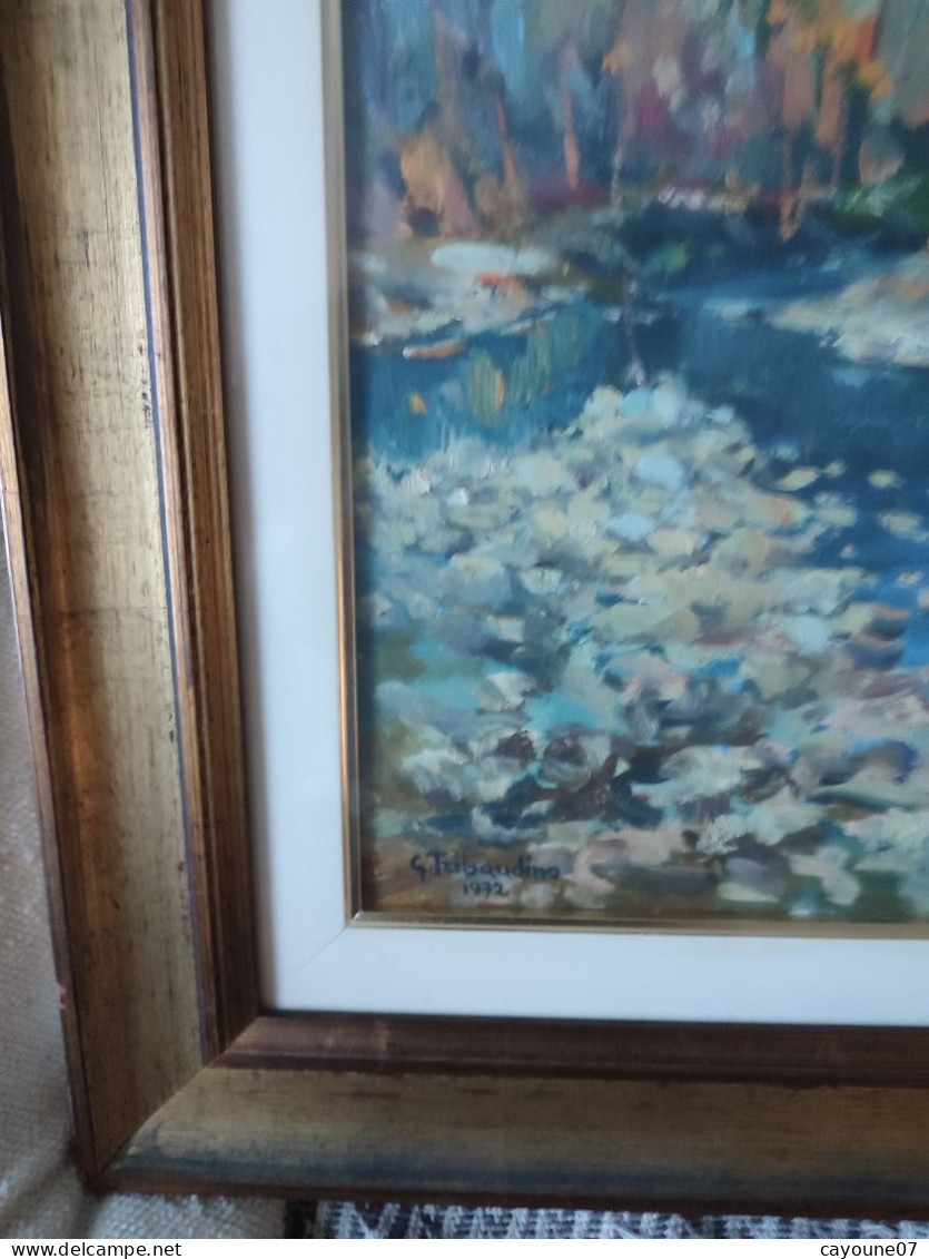 G. TRIBAUDINO (XXème) huile sur papier  "La rivière " datée 1972 sous verre cadre bois doré