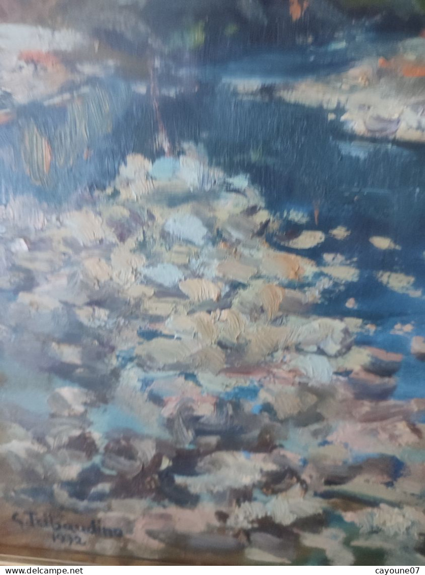 G. TRIBAUDINO (XXème) huile sur papier  "La rivière " datée 1972 sous verre cadre bois doré