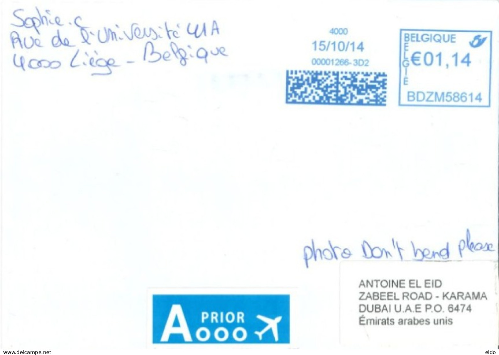 BELGIUM : 2014, POSTAL SEALED COVER TO DUBAI. - Brieven En Documenten