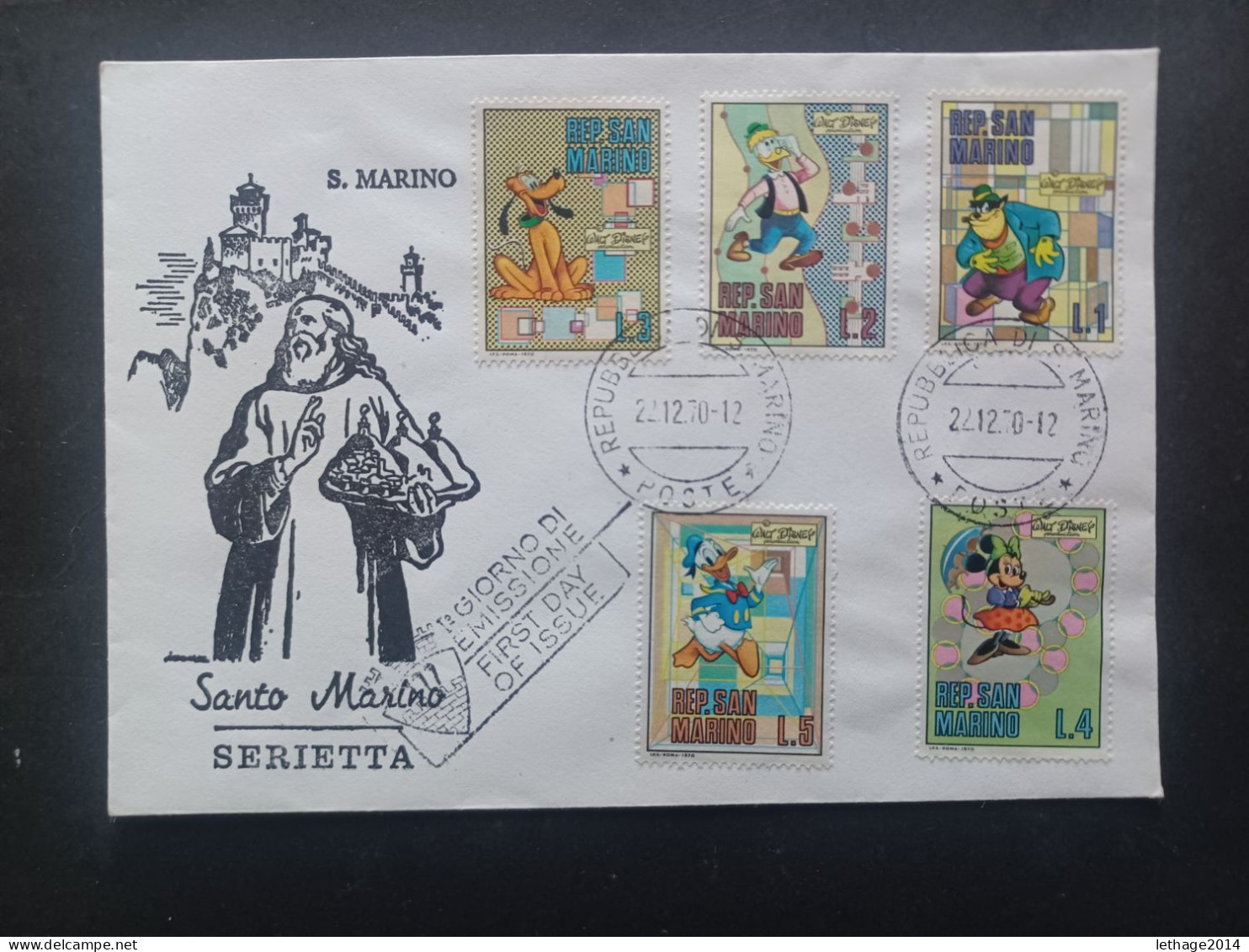 SAN MARINO FIRST DAY COVER 1970 IN MEMORIA DI WALT DISNEY - Brieven En Documenten