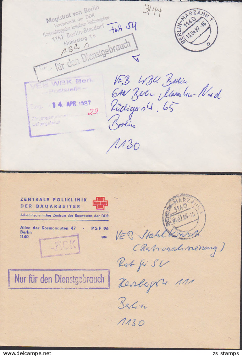 Berlin-Marzan Zwei Bfe Mit "Nur Für Den Dienstgebrauch", Abs. Magistrat Von Berlin, Zentrale Poliklinit Der Bauarbeiter - Storia Postale