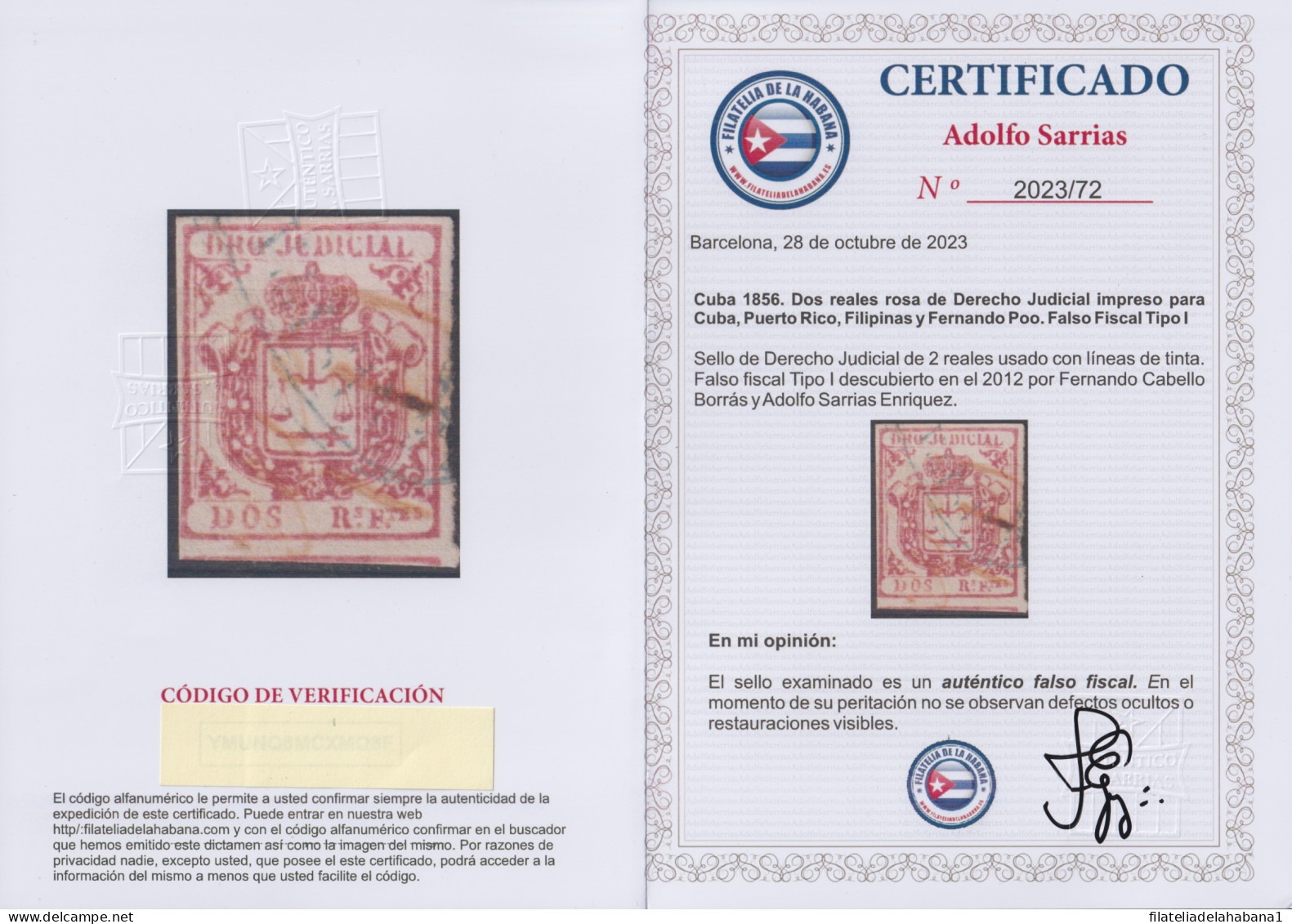 DER-165 CUBA SPAIN ANTILLES LG-2176 2r PINK REVENUE DERECHO JUDICIAL FORGERY.   - Prephilately