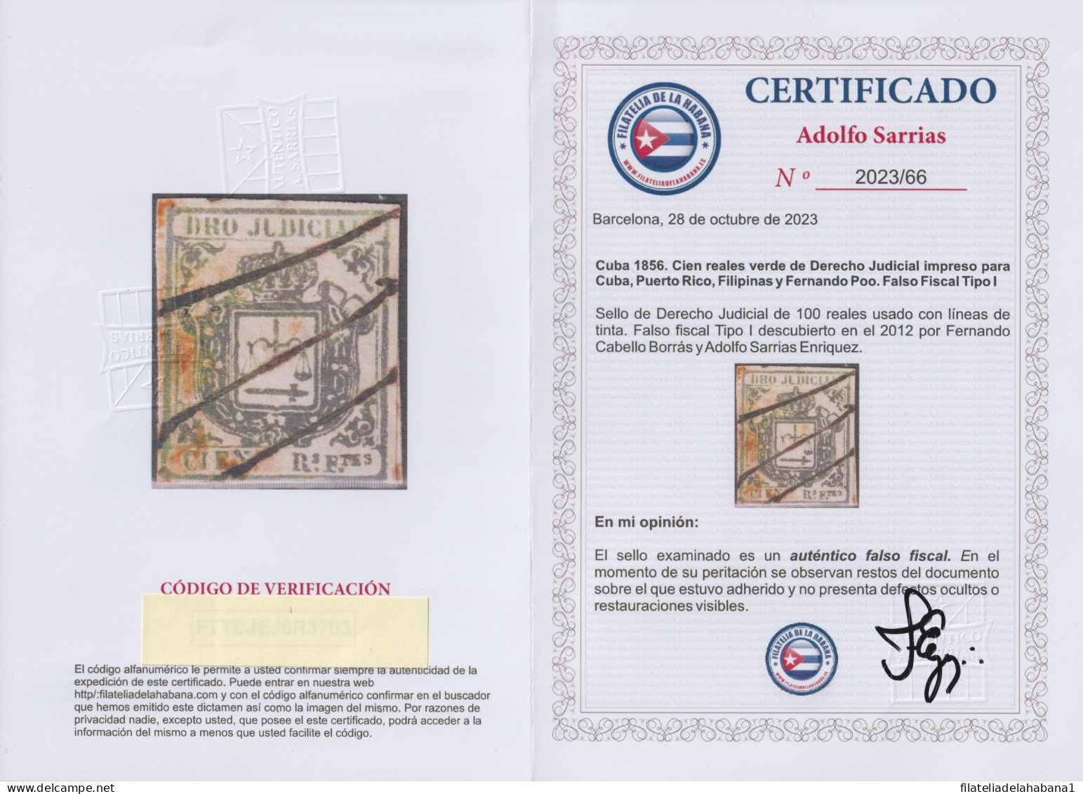 DER-169 CUBA SPAIN ANTILLES LG-2180 100r GREEN REVENUE DERECHO JUDICIAL FORGERY.  - Vorphilatelie