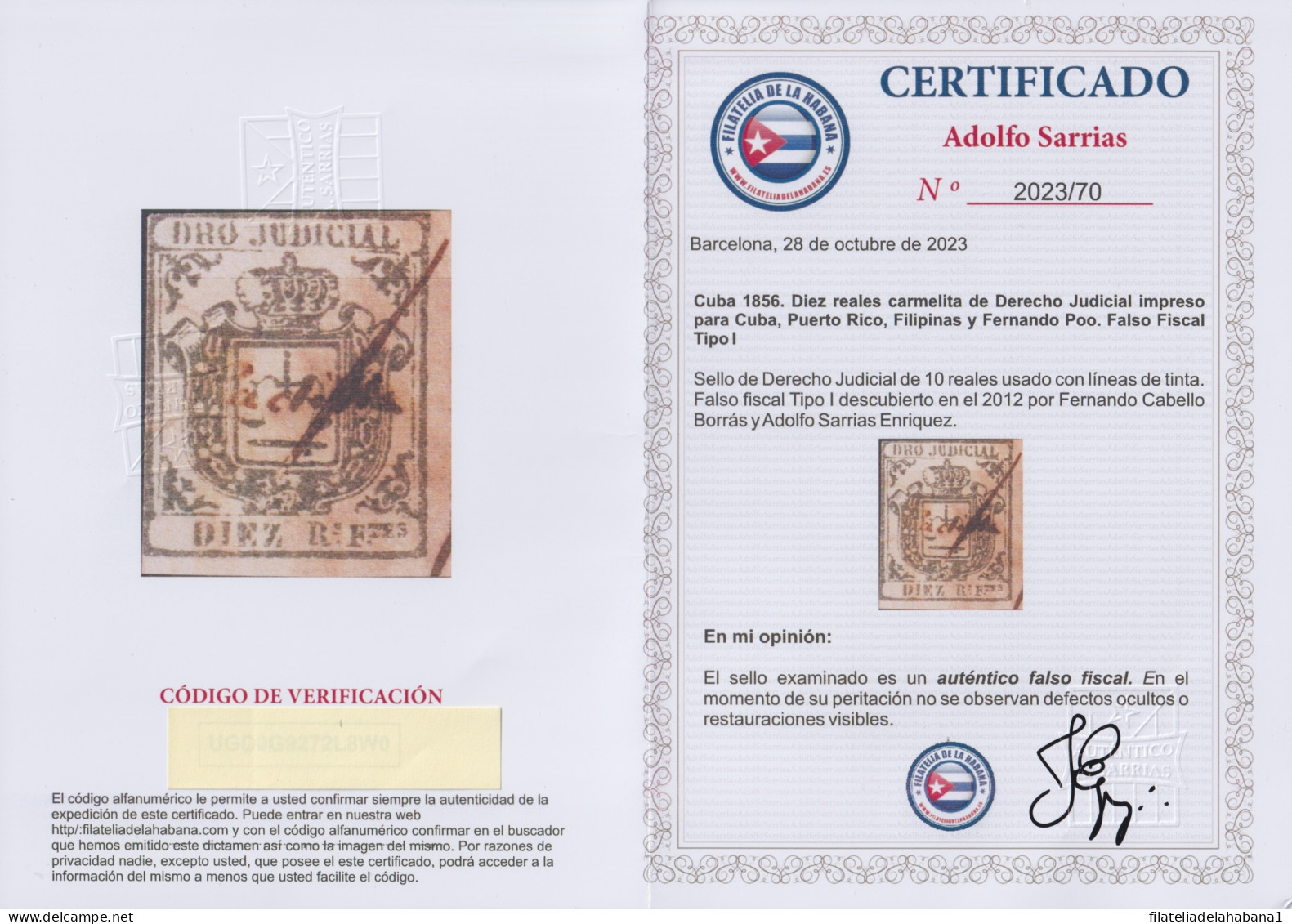 DER-171 CUBA SPAIN ANTILLES LG-2182 10r BROWN REVENUE DERECHO JUDICIAL FORGERY.  - Prephilately